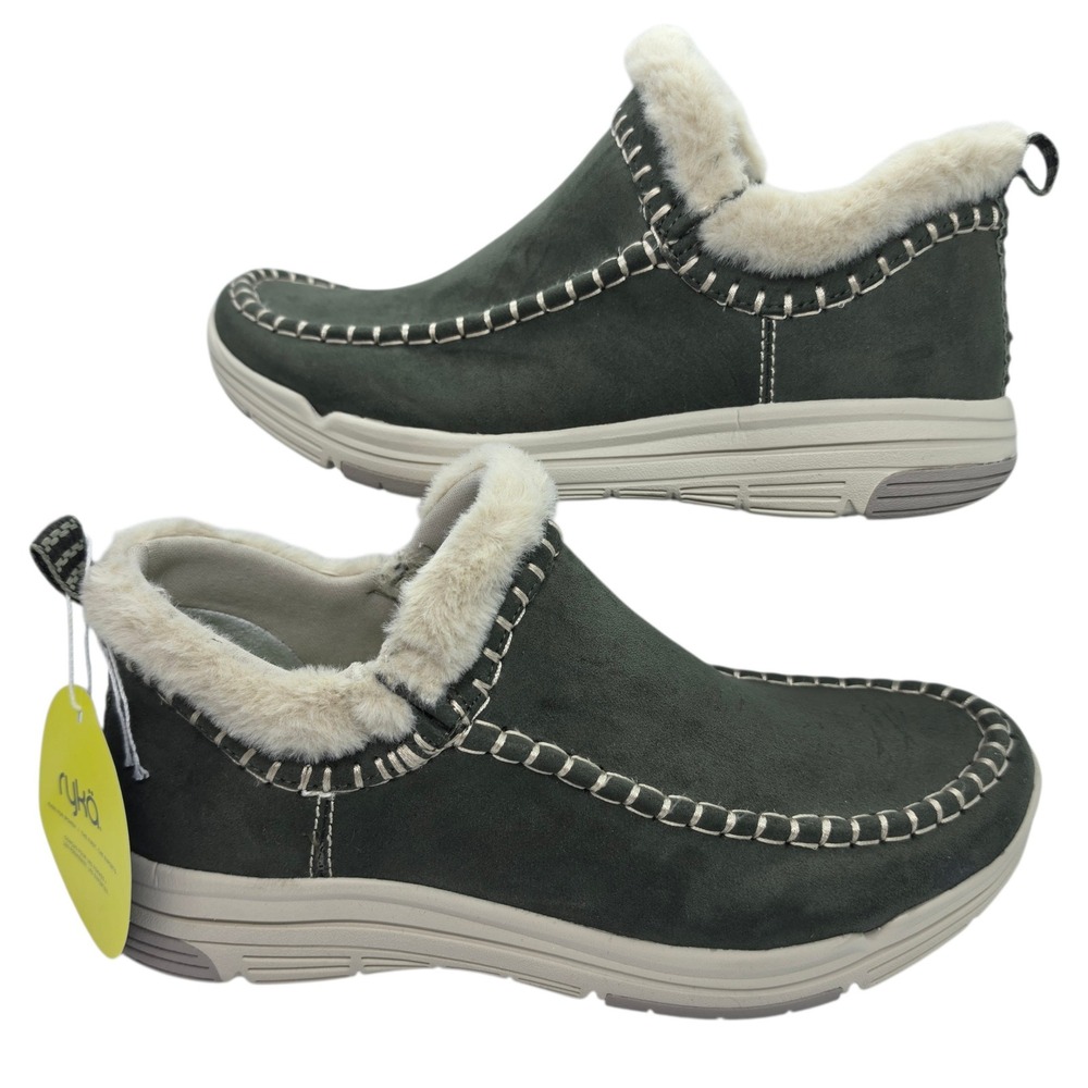 Ryka Ariana Womens Slip On Sneakers Faux Fur Water Repellent Olive Green 10M